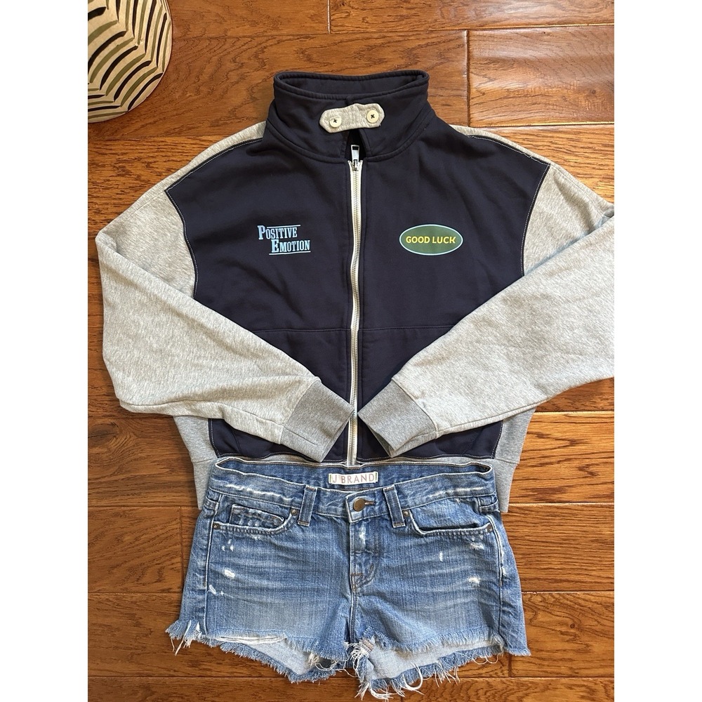 Korean Streetwear Egg Womens Colorblock Zip Up Sweatshirt Jacket Navy Grey Crop